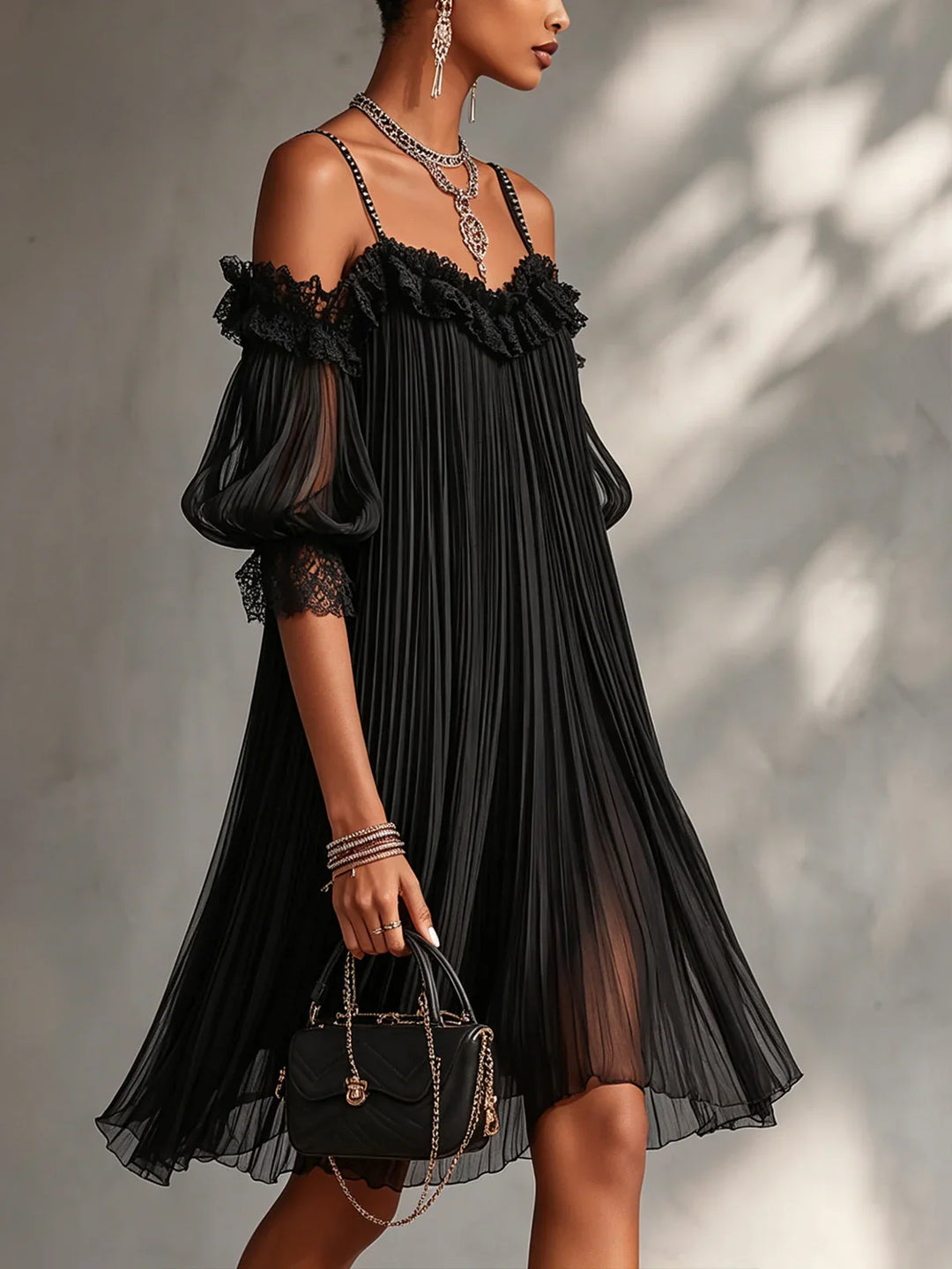Lesie - Off-Shoulder Chiffon Mini Dress