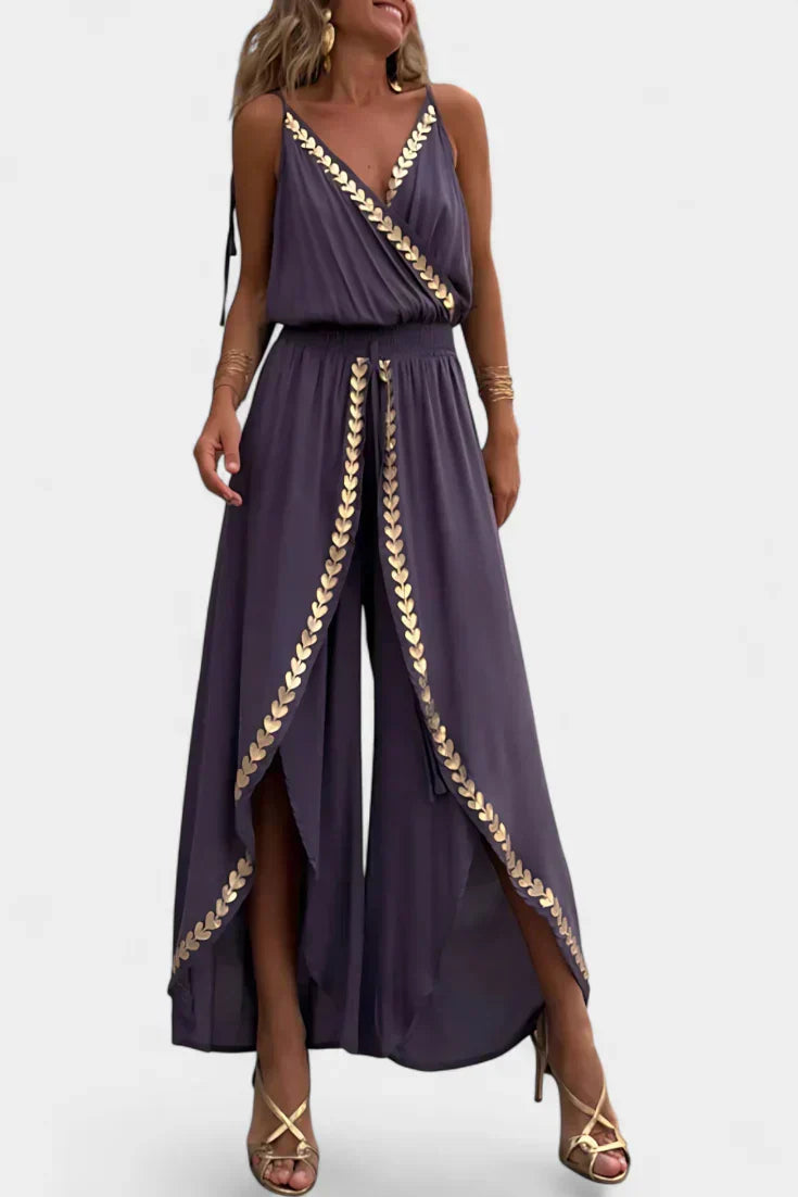 Donatila Backless Jumpsuit Featuring Elegant Gold Accents