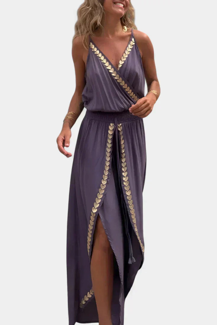 Donatila Backless Jumpsuit Featuring Elegant Gold Accents