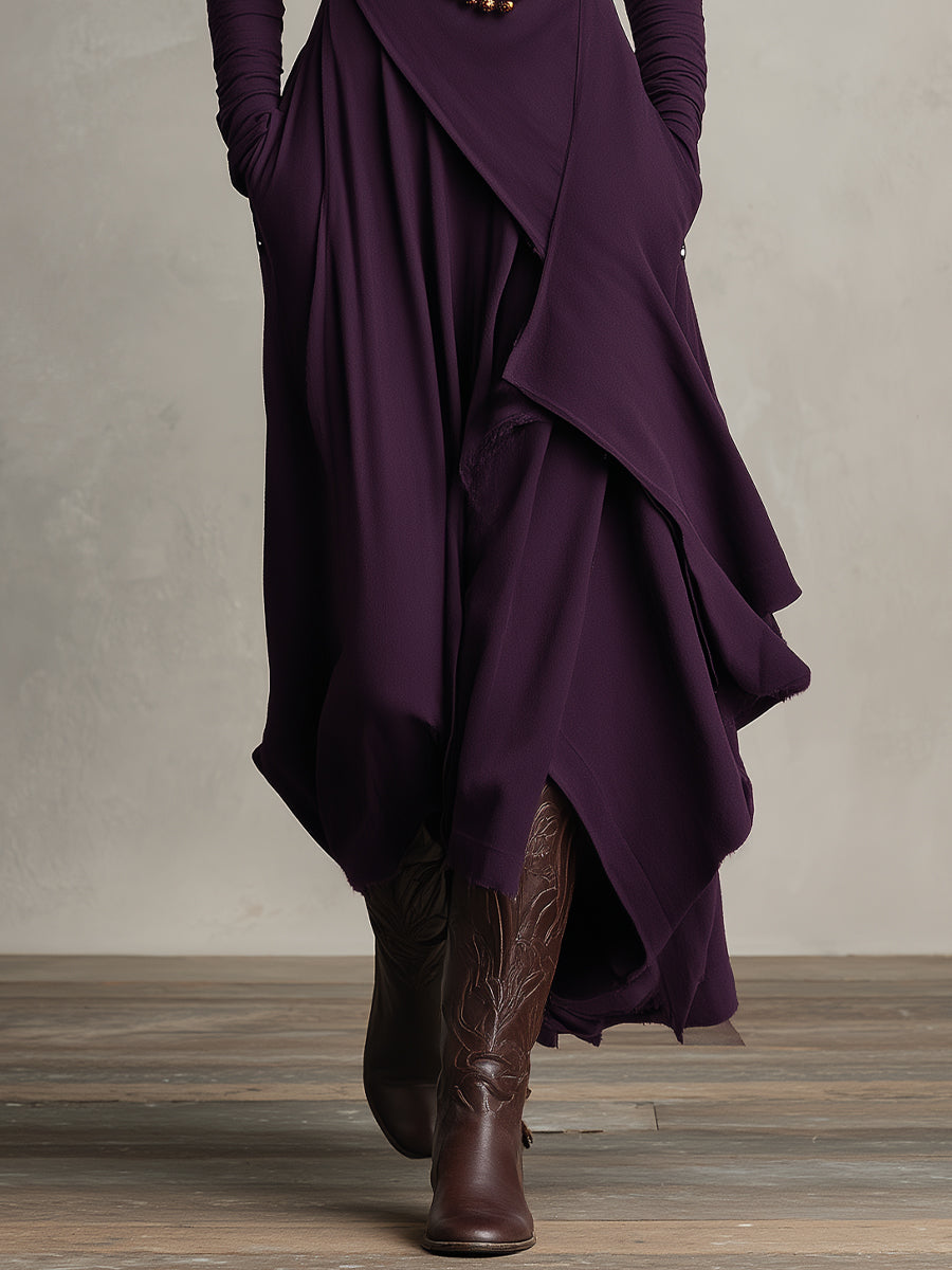 Carrie – Asymmetrical Knit Maxi Dress with Turtleneck