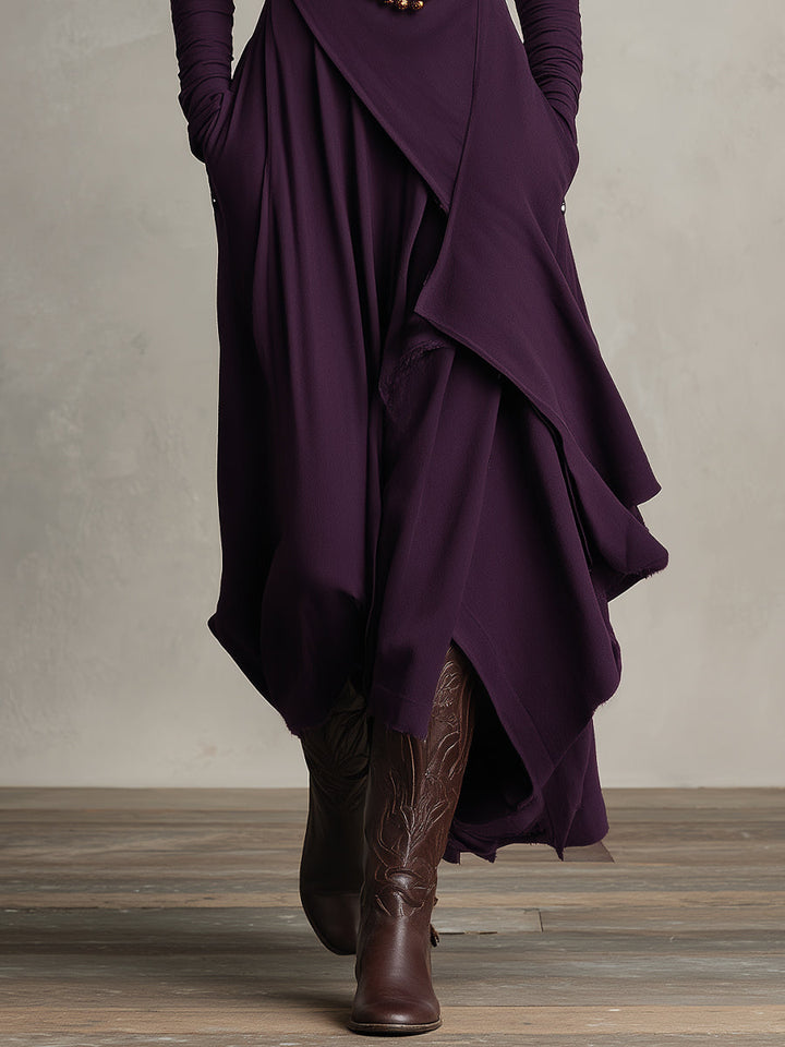 Carrie – Asymmetrical Knit Maxi Dress with Turtleneck