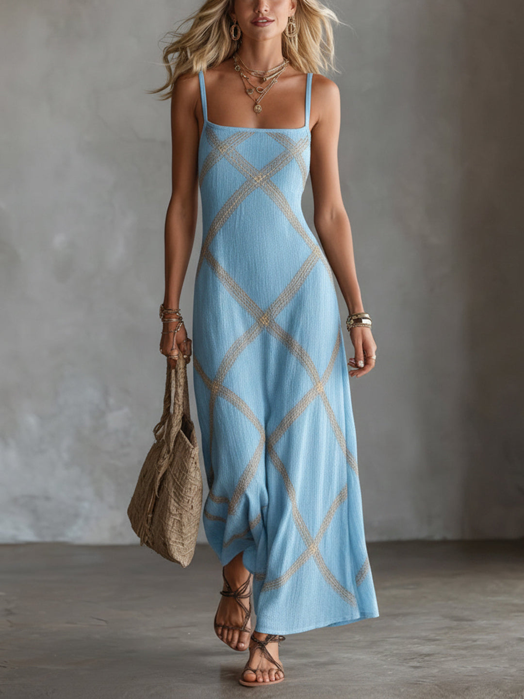 Paulia - Geometric Maxi Dress with Square Neck