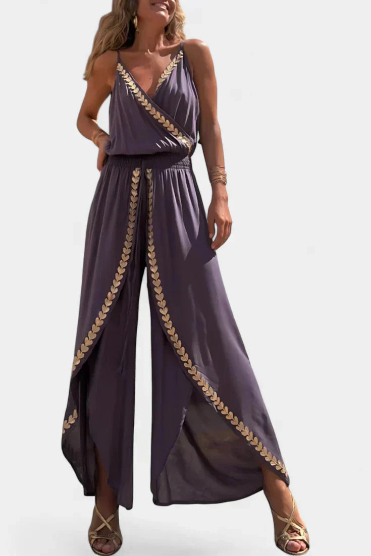 Donatila Backless Jumpsuit Featuring Elegant Gold Accents