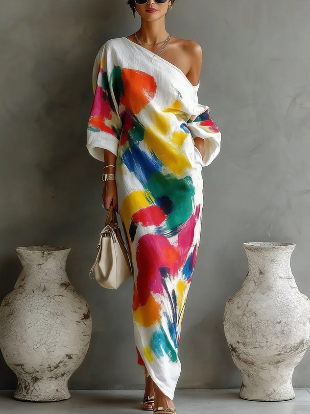Jinella - One-Shoulder Abstract Print Maxi Dress
