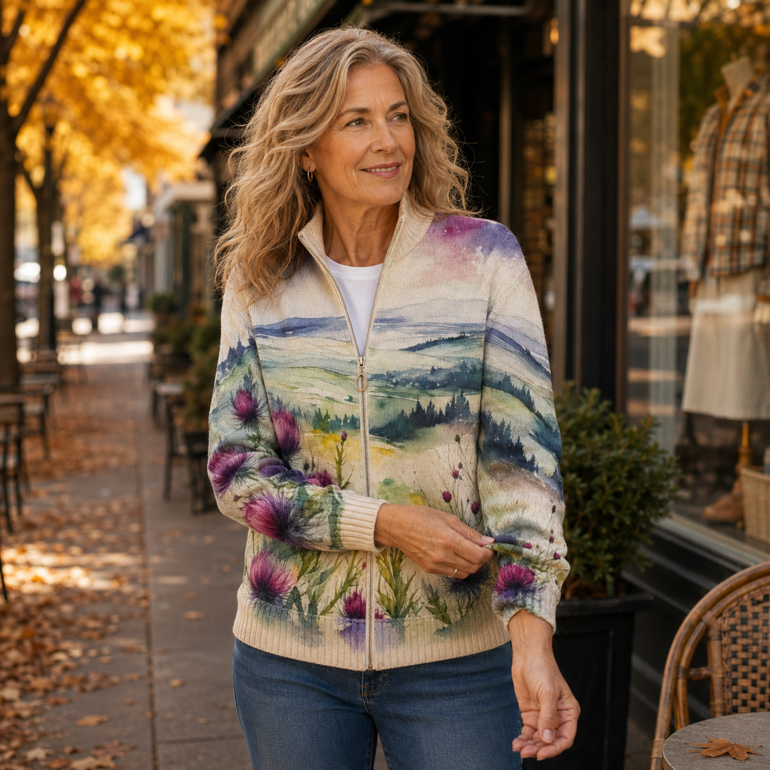 Zelda™ | Scottish Thistle Landscape Zip Cardigan