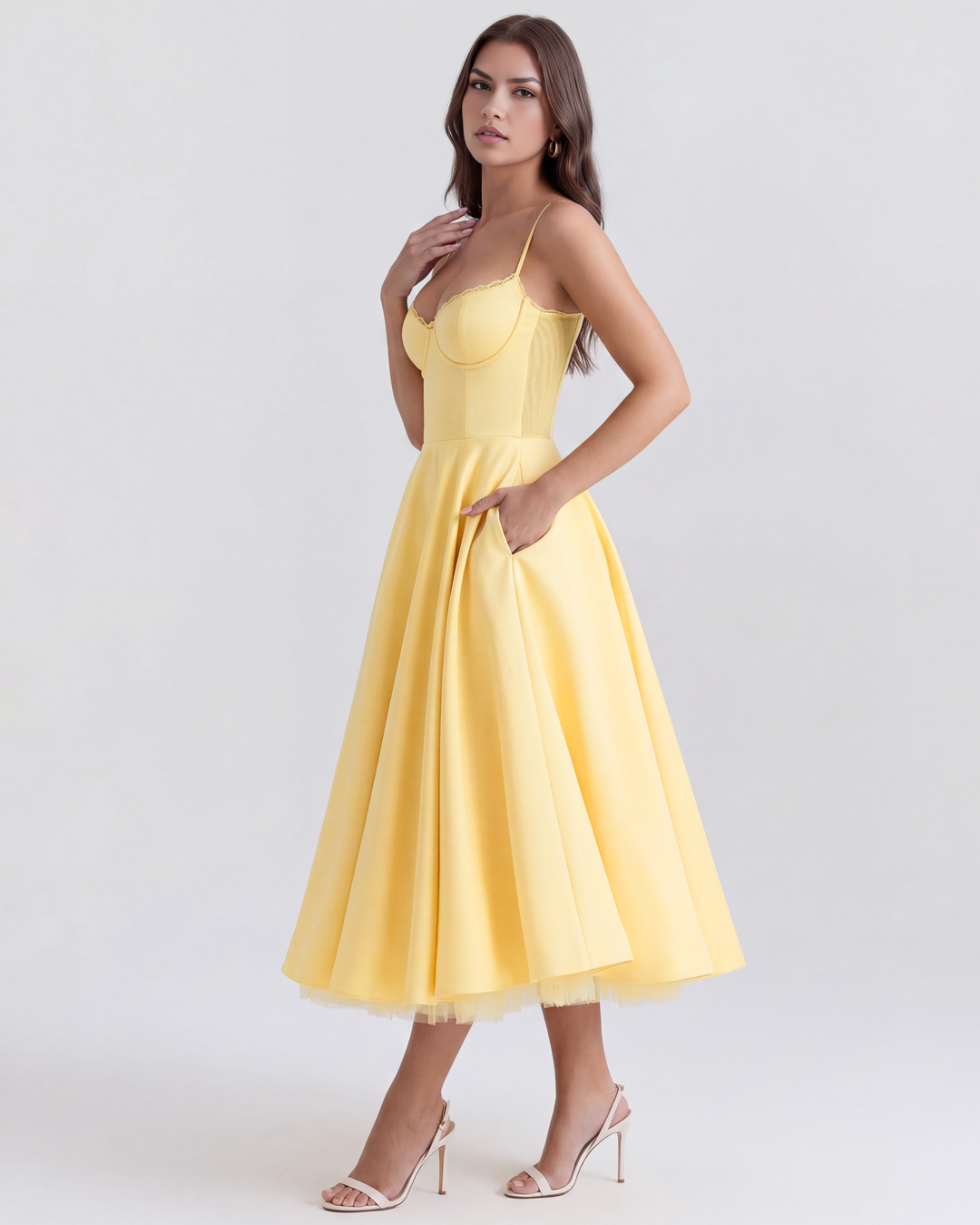 Celene - Satin Midi Dress with Tulle Skirt