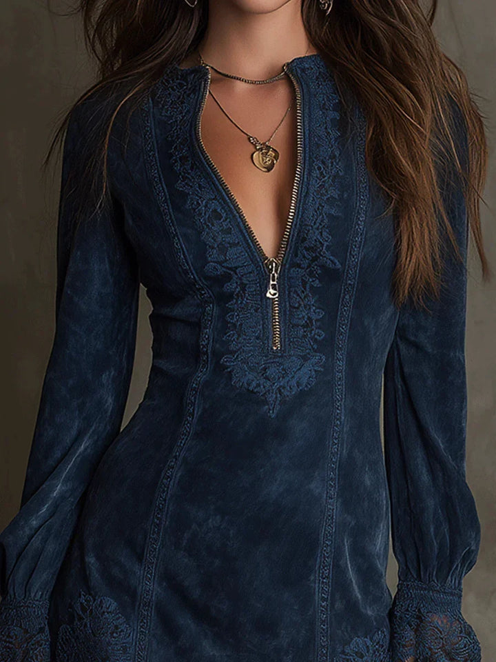 Jasmine – Blue Suede Mini Dress with Lace