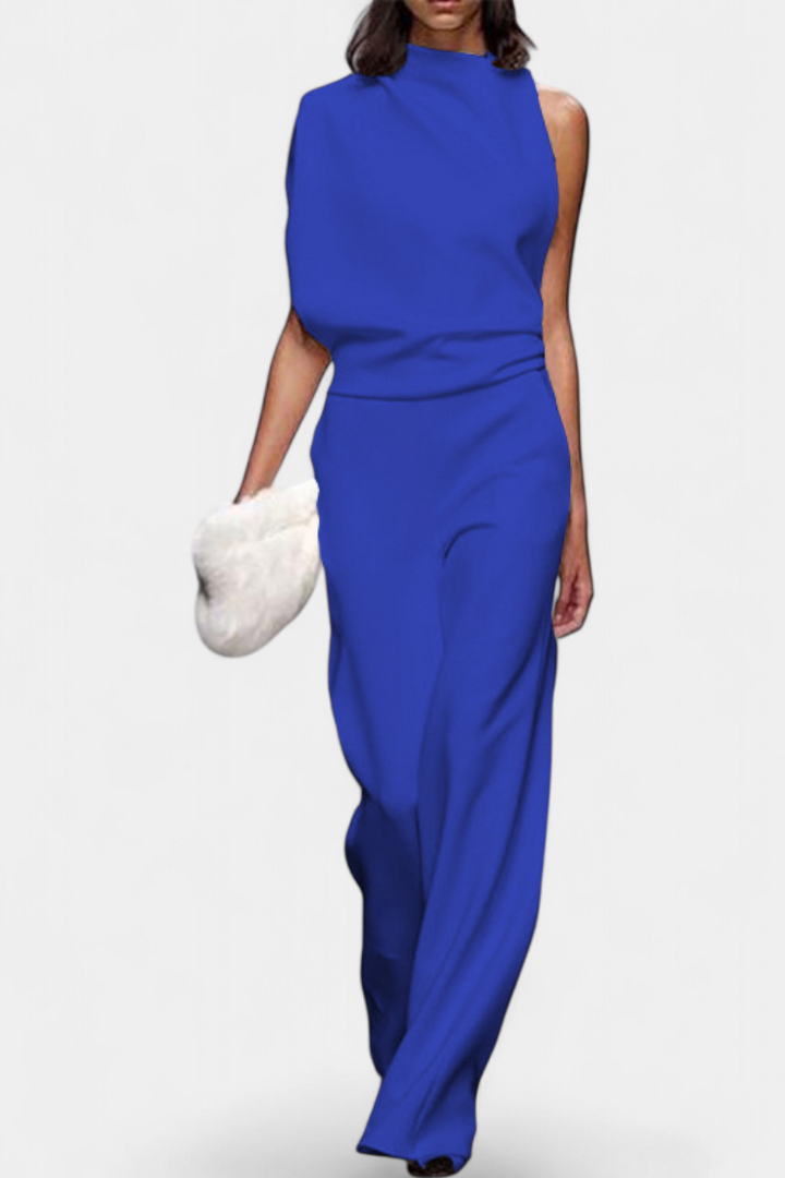 Asymmetrical One-Shoulder Jumpsuit with Flowing Legs by Etta