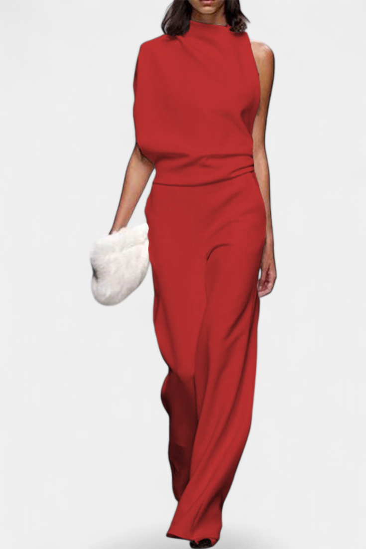 Asymmetrical One-Shoulder Jumpsuit with Flowing Legs by Etta