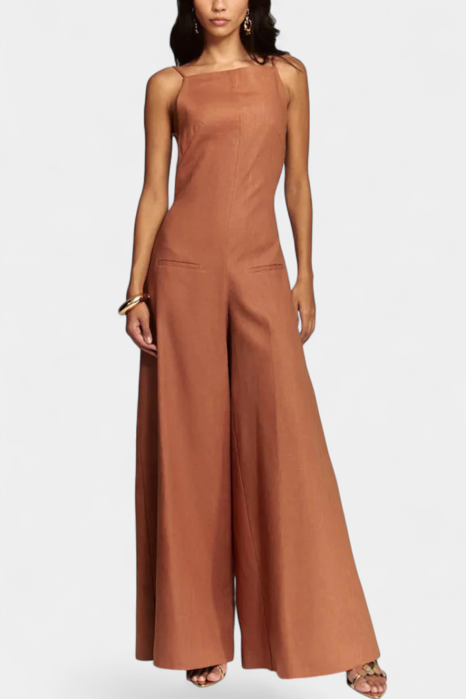 Belén Ramie Wide-Leg Halter Jumpsuit with Straight Neckline