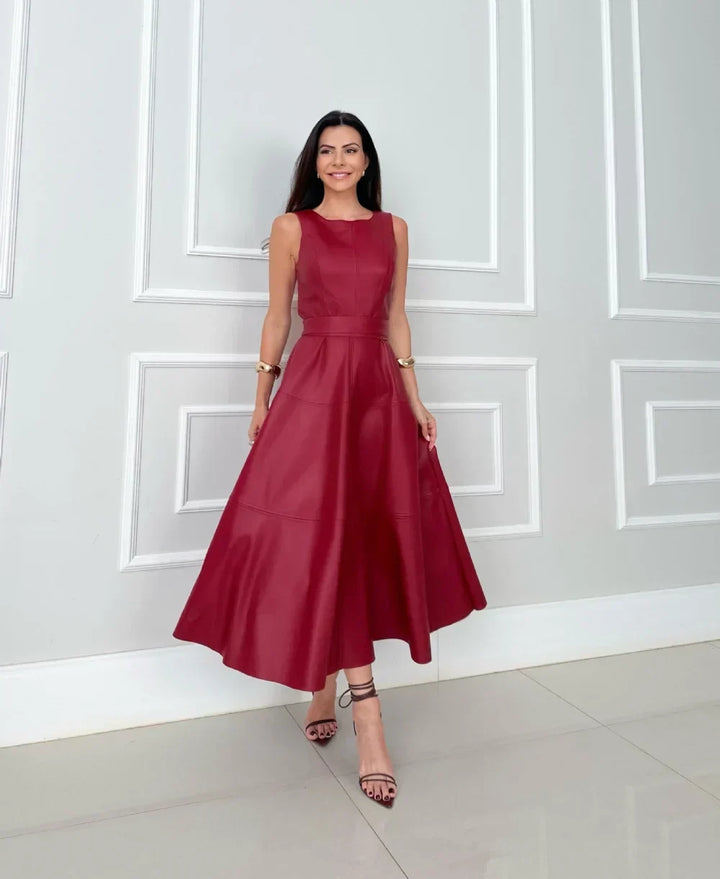 Tanya – Sleek Faux Leather Midi Dress