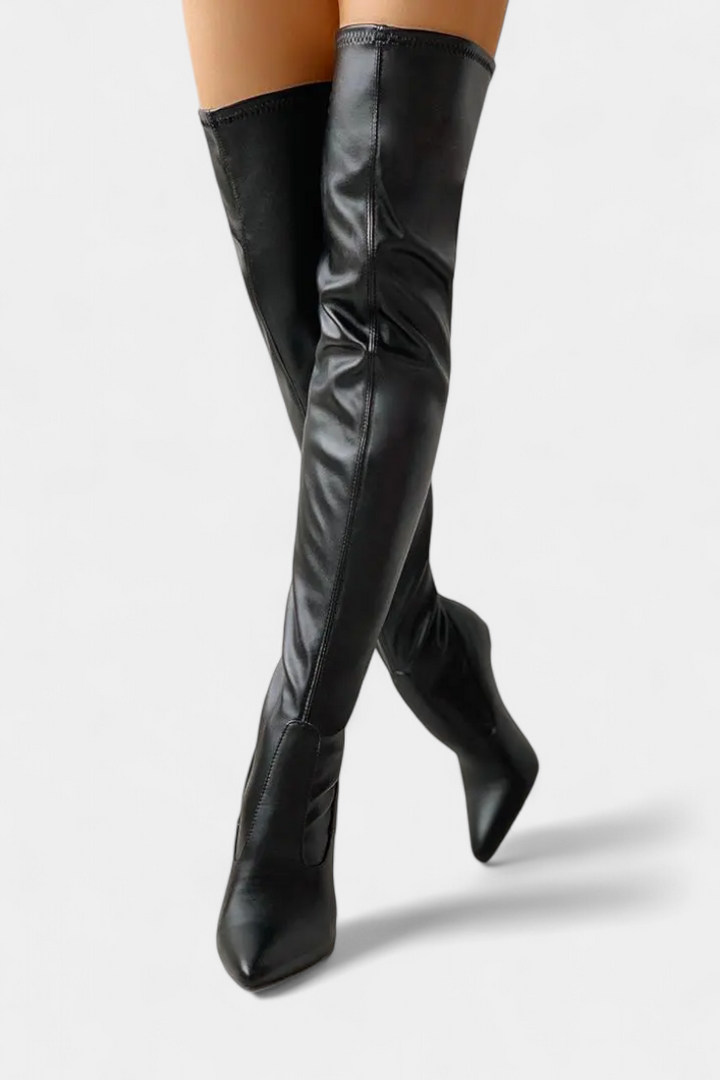Fianna Over-the-Knee Stretch Boots Featuring a Gold Heel and Back Zipper