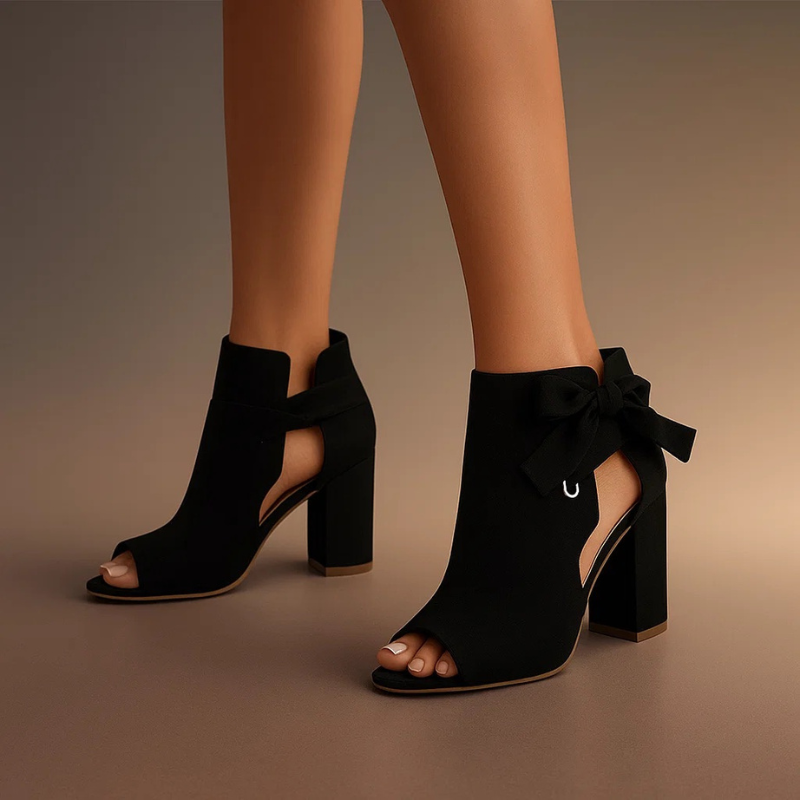 Callie - Suede Peep-Toe Block Heel Sandals With Ankle Bow