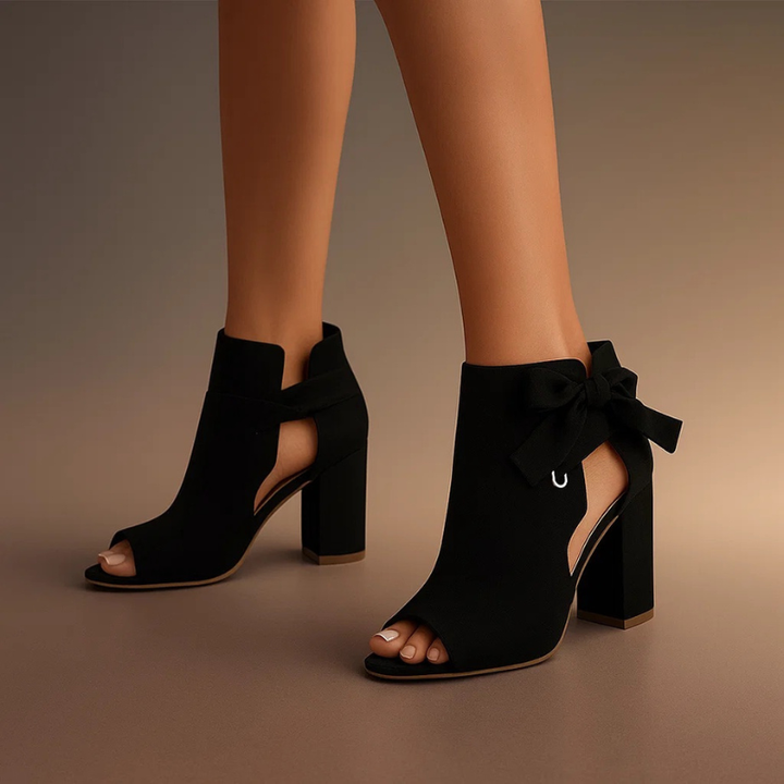 Callie - Suede Peep-Toe Block Heel Sandals With Ankle Bow