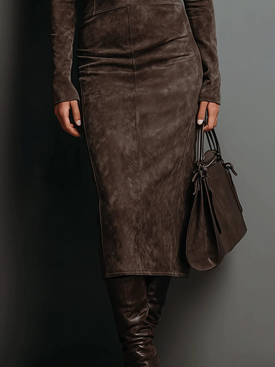 Feliza – Suede Feel Midi Dress with Long Sleeves