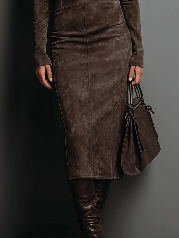 Feliza – Suede Feel Midi Dress with Long Sleeves