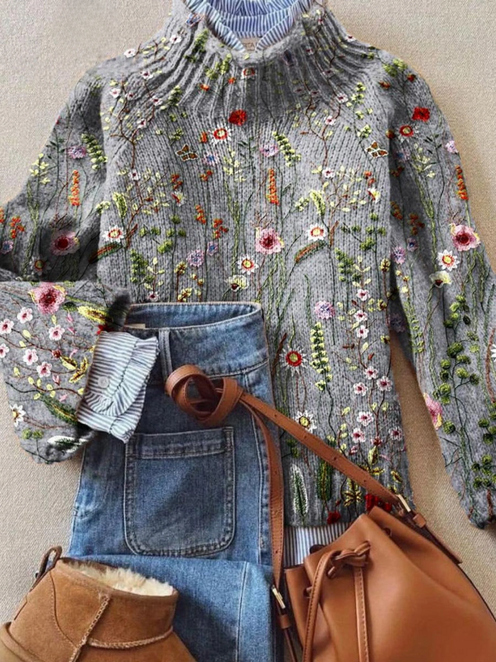 Loisa – Vintage Floral Roll Neck Knitted Sweater