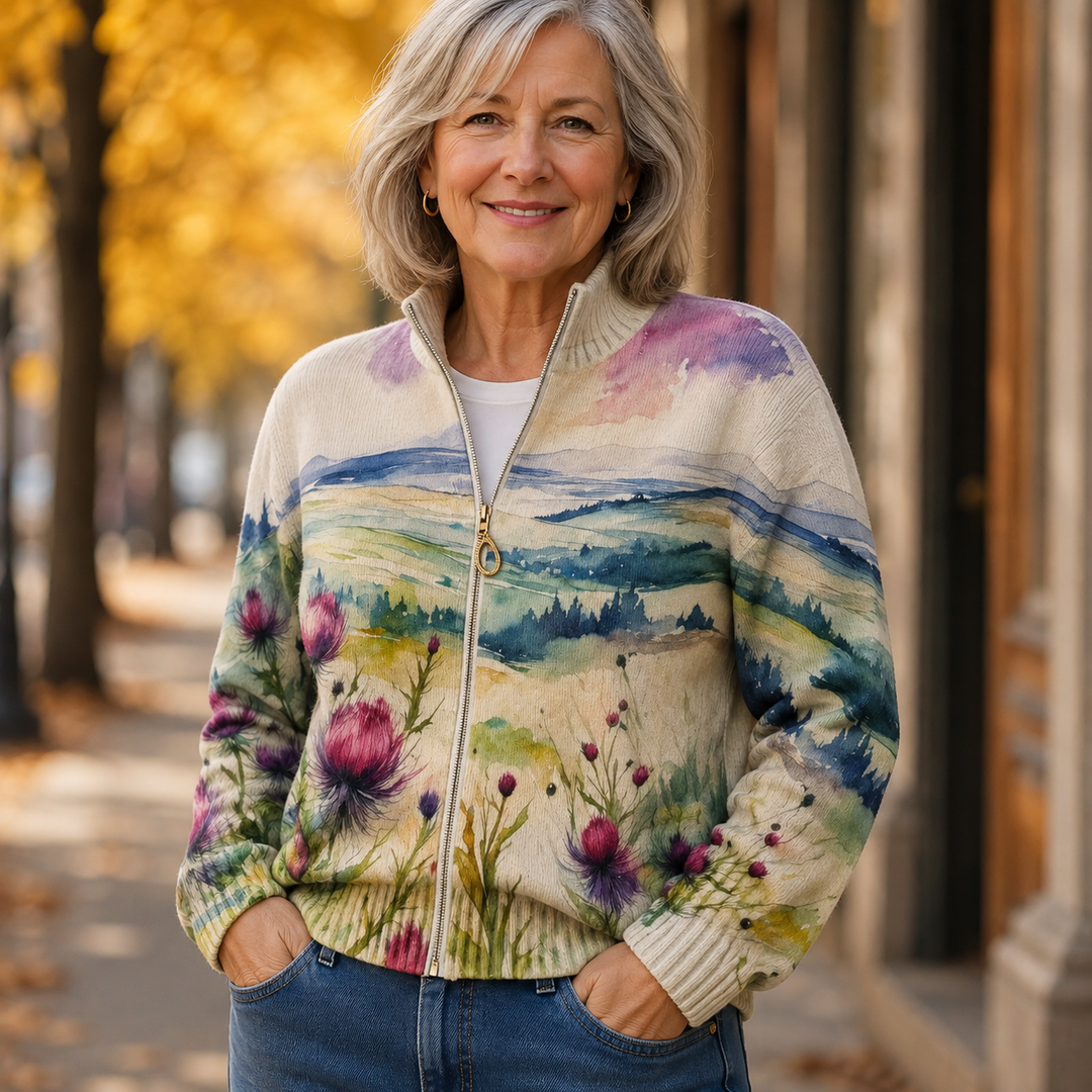 Zelda™ | Scottish Thistle Landscape Zip Cardigan