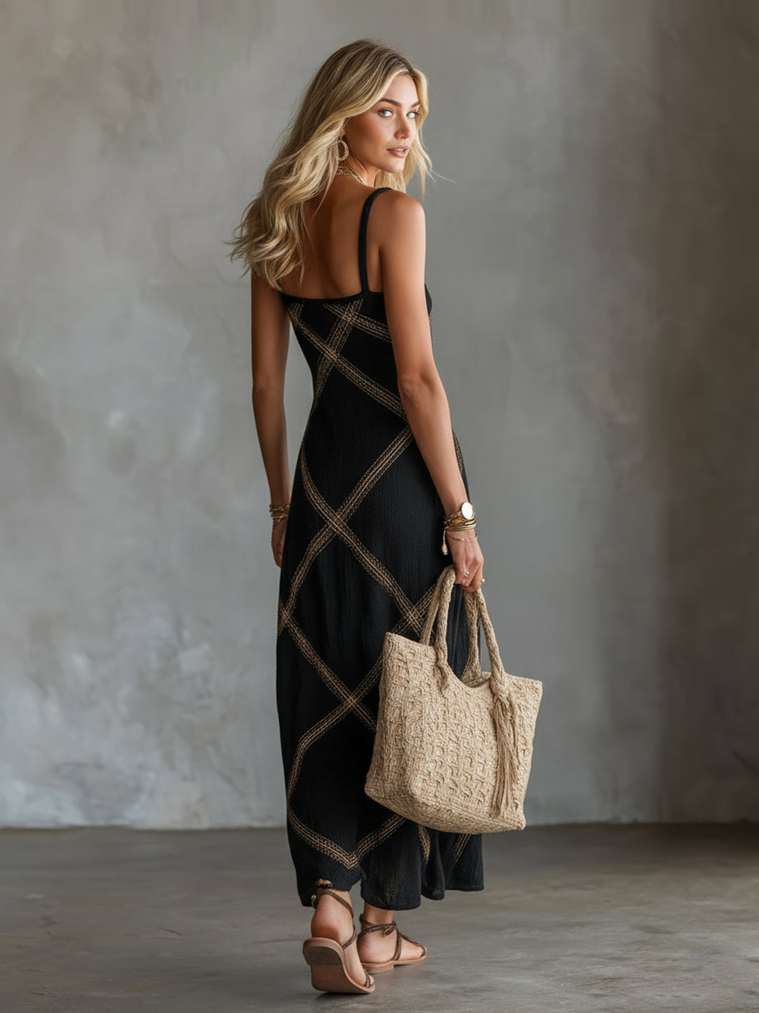 Paulia - Geometric Maxi Dress with Square Neck