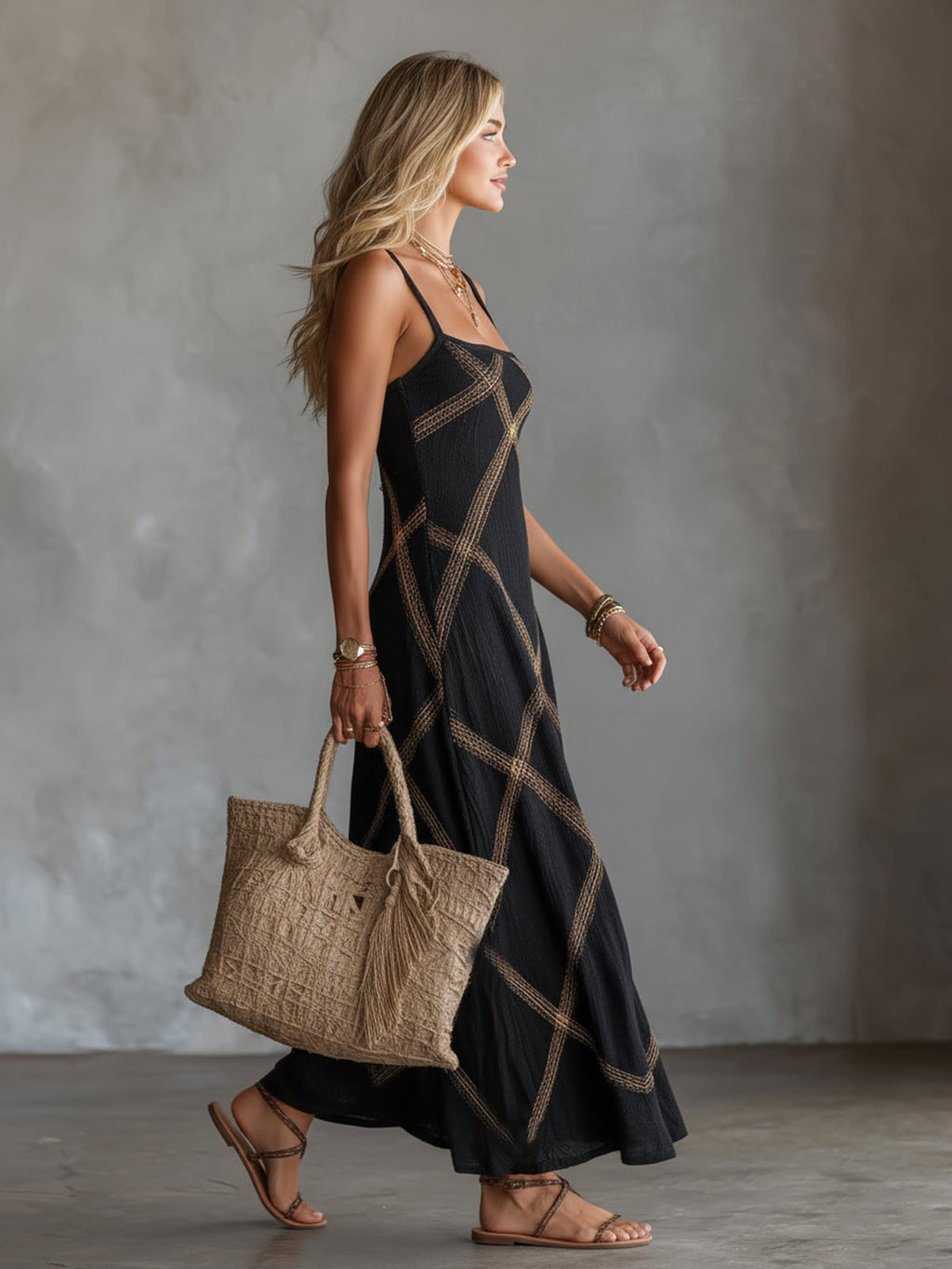 Paulia - Geometric Maxi Dress with Square Neck