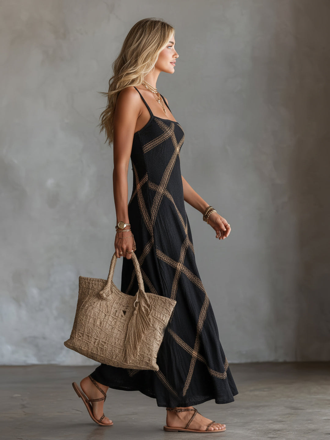 Paulia - Geometric Maxi Dress with Square Neck