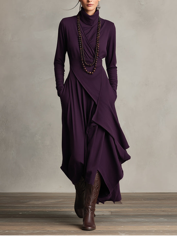 Carrie – Asymmetrical Knit Maxi Dress with Turtleneck