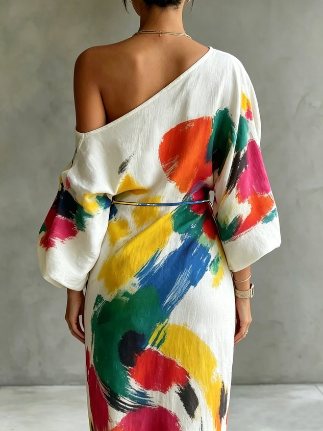 Jinella - One-Shoulder Abstract Print Maxi Dress