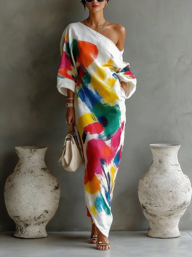 Jinella - One-Shoulder Abstract Print Maxi Dress