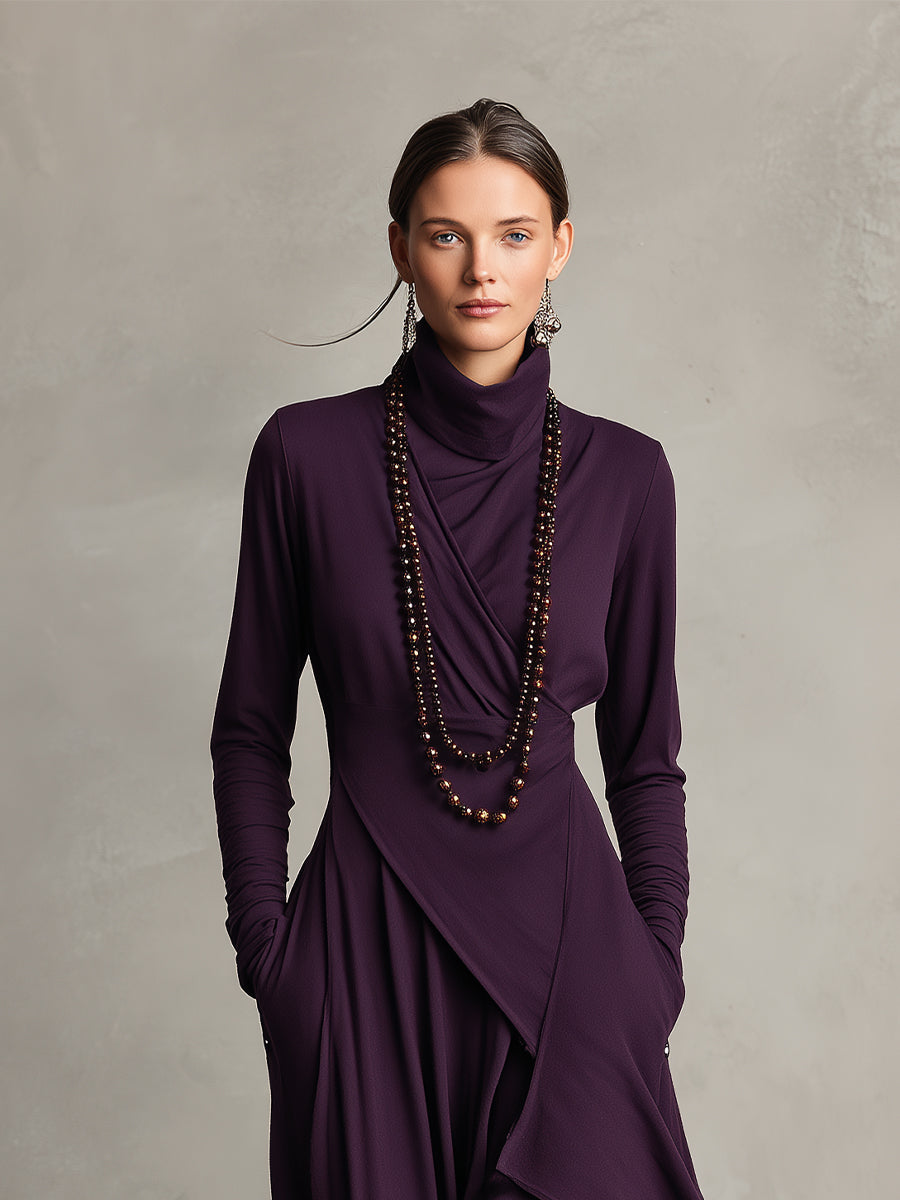 Carrie – Asymmetrical Knit Maxi Dress with Turtleneck