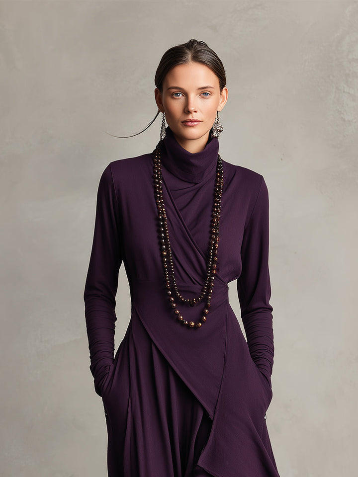 Carrie – Asymmetrical Knit Maxi Dress with Turtleneck