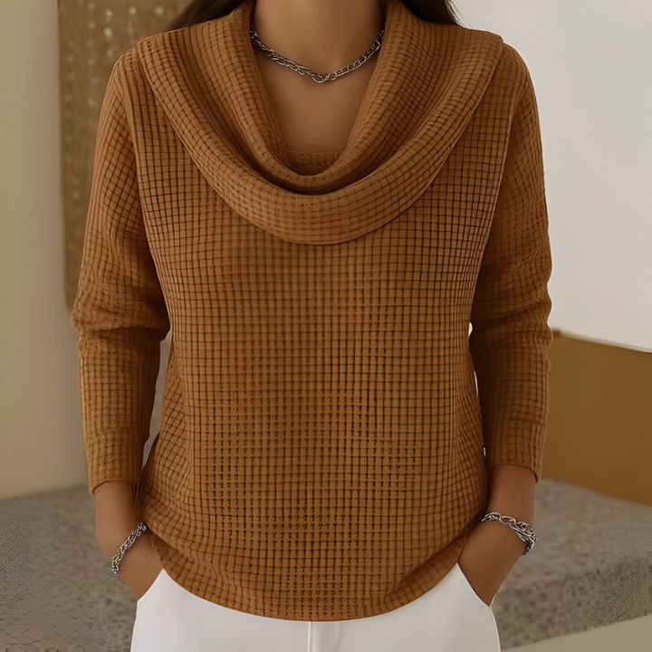 Natalia – Warm Waffle Sweater with Elegant Waterfall Neck