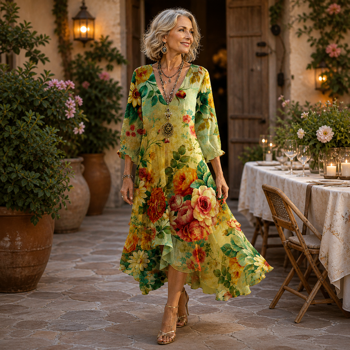 Khiana - Floral V-Neck Midi Dress