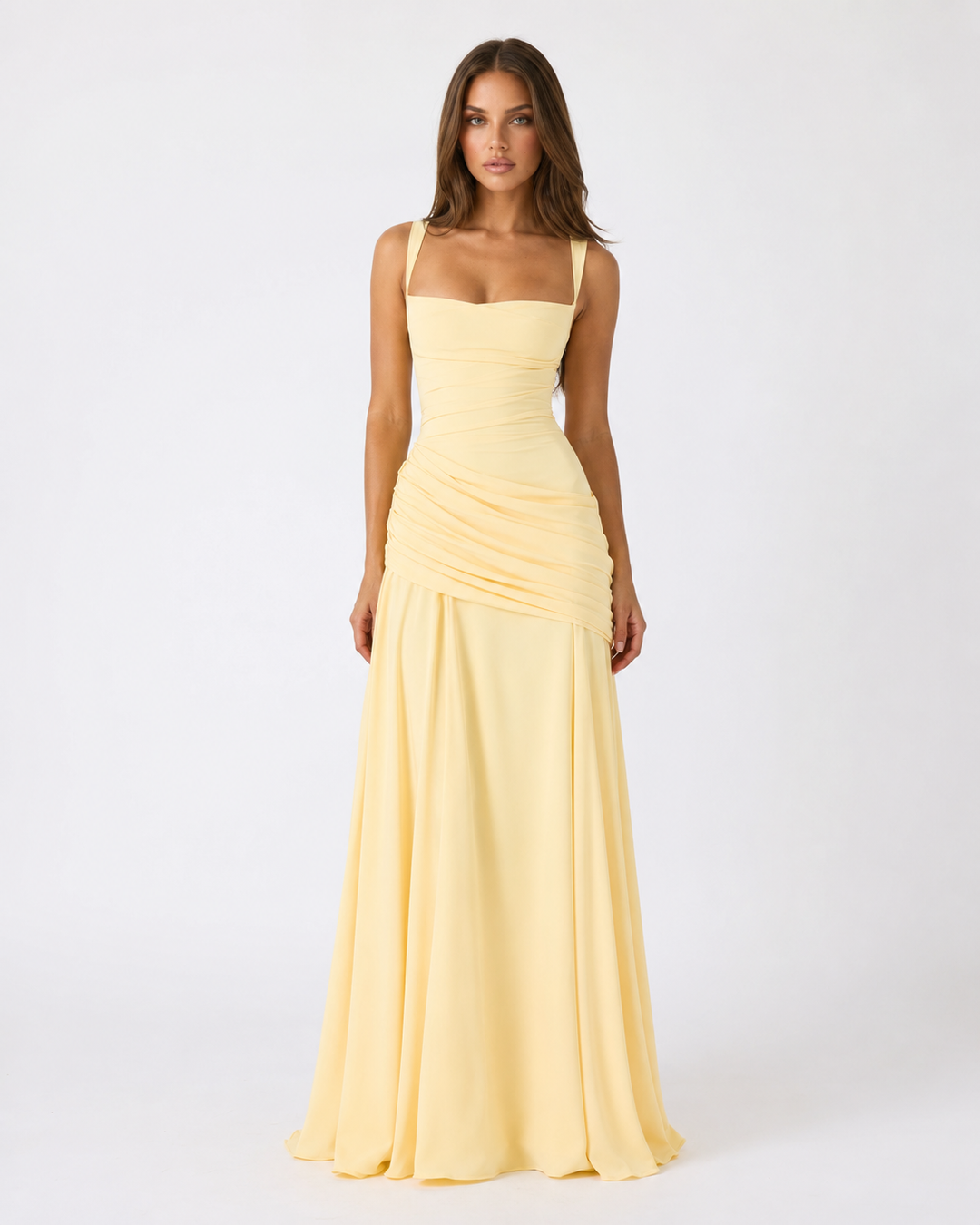Seri - Ruched Square Neck Maxi Dress