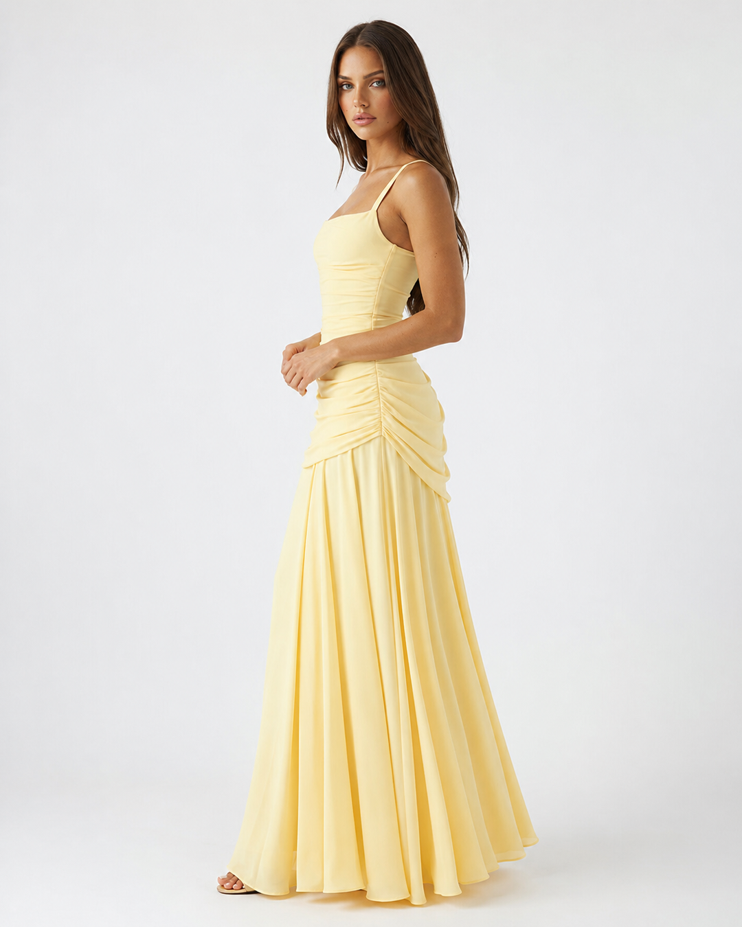 Seri - Ruched Square Neck Maxi Dress