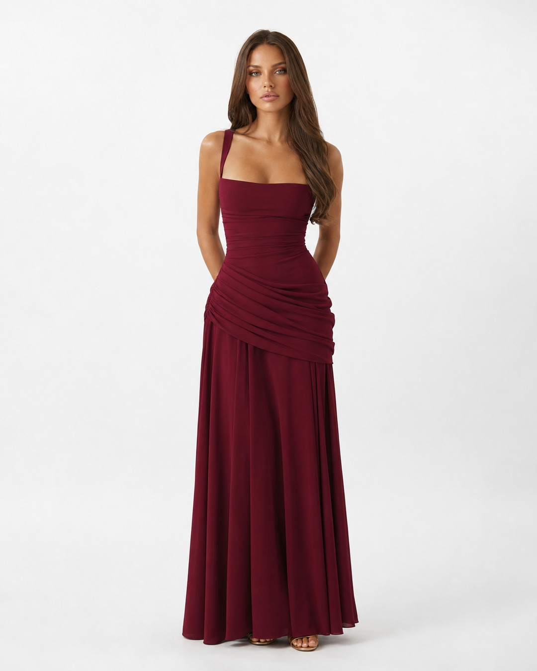 Seri - Ruched Square Neck Maxi Dress