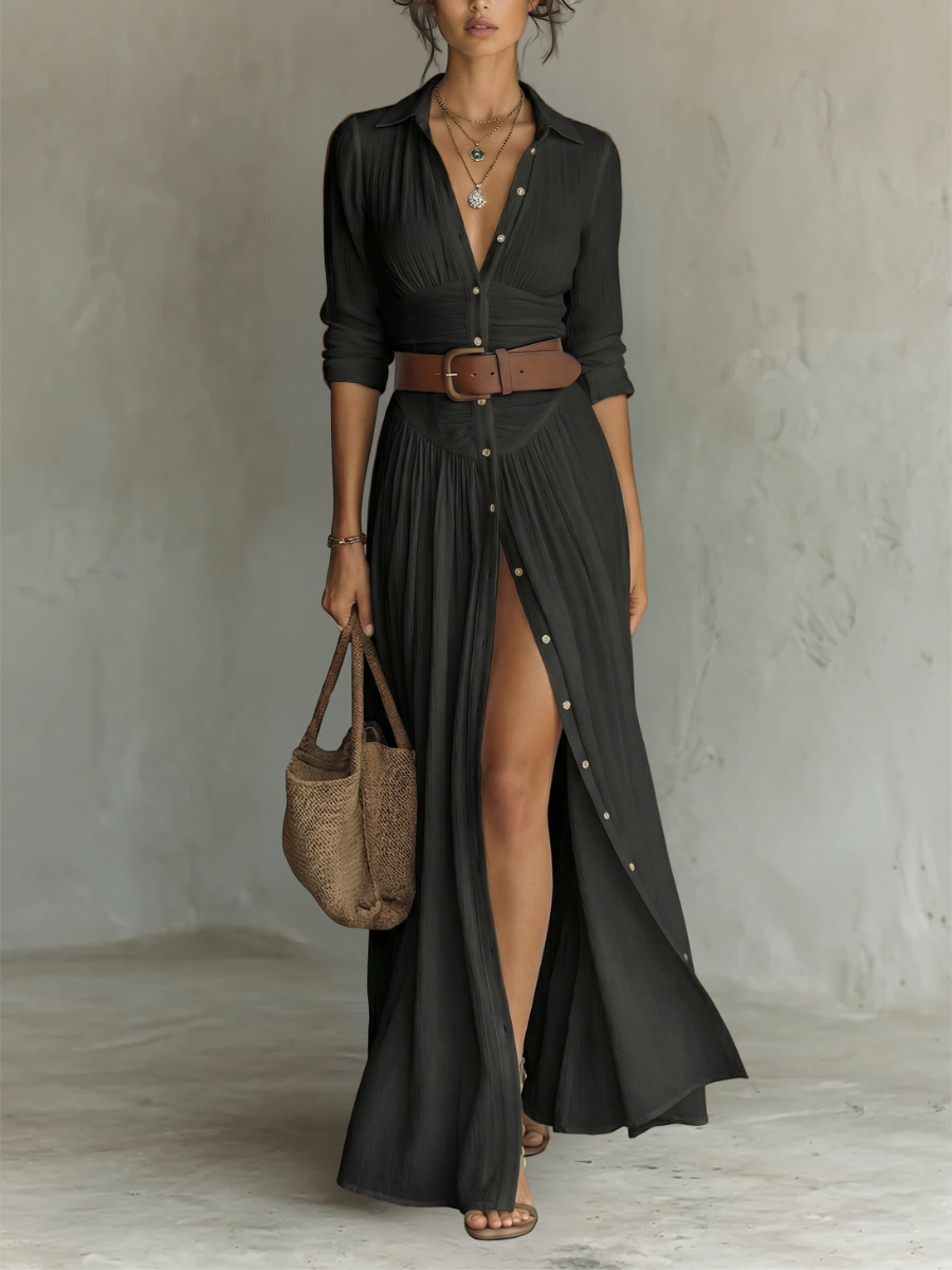 Paula - Long Maxi Dress With Notched Collar