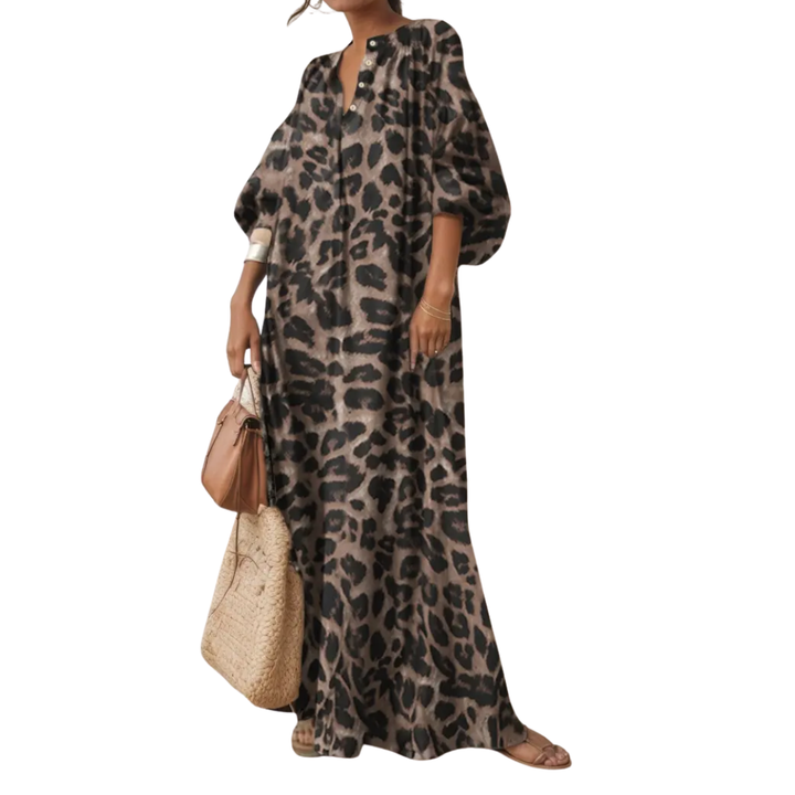 Maisie - Boho Puff Sleeve Leopard Maxi Dress