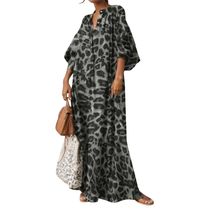 Maisie - Boho Puff Sleeve Leopard Maxi Dress