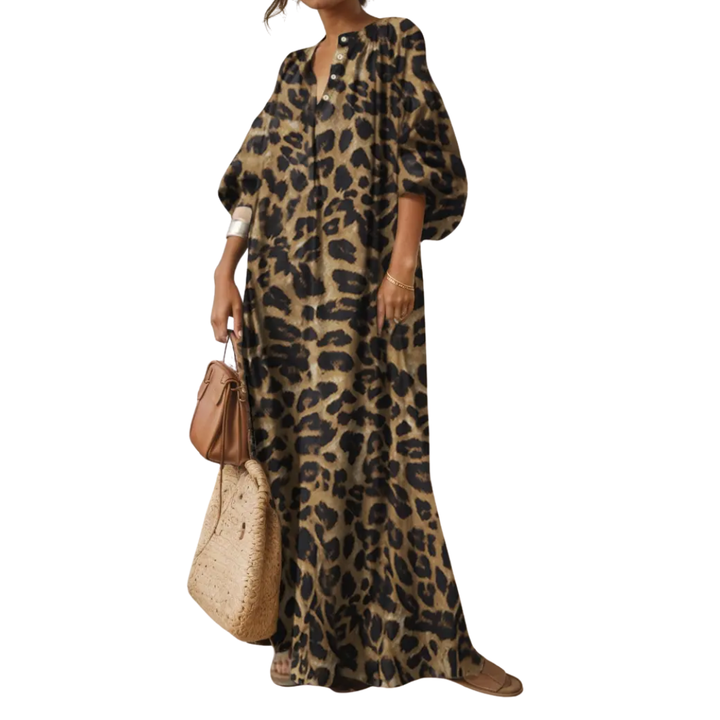 Maisie - Boho Puff Sleeve Leopard Maxi Dress