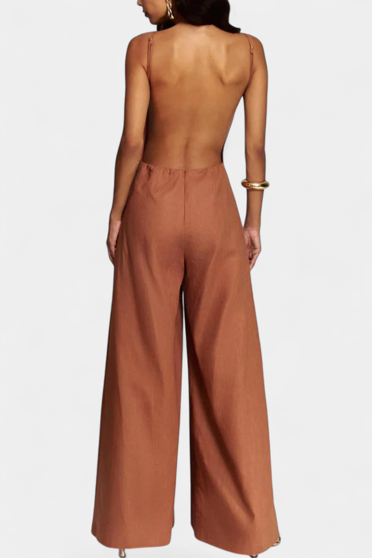 Belén Ramie Wide-Leg Halter Jumpsuit with Straight Neckline
