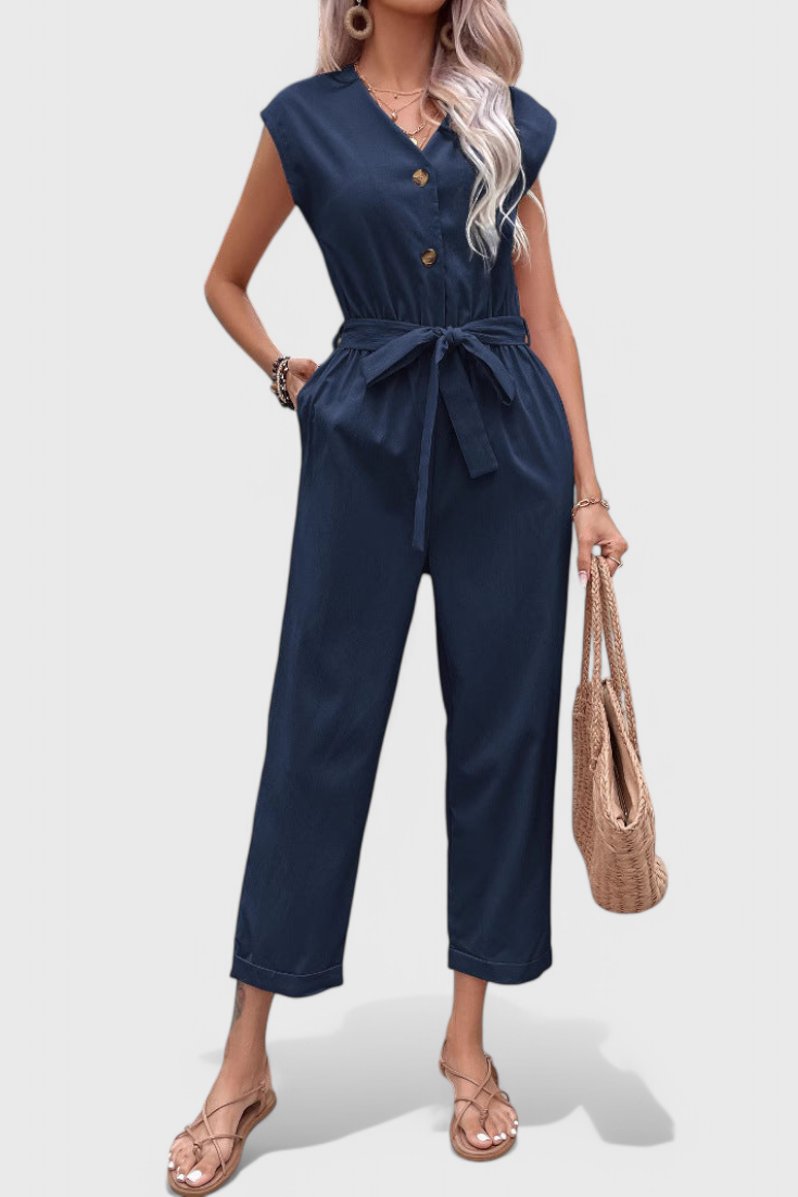 Marie Sleeveless Cotton Jumpsuit with Tied Waist and Button Front