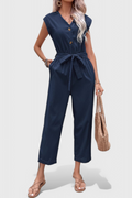 Marie Sleeveless Cotton Jumpsuit with Tied Waist and Button Front