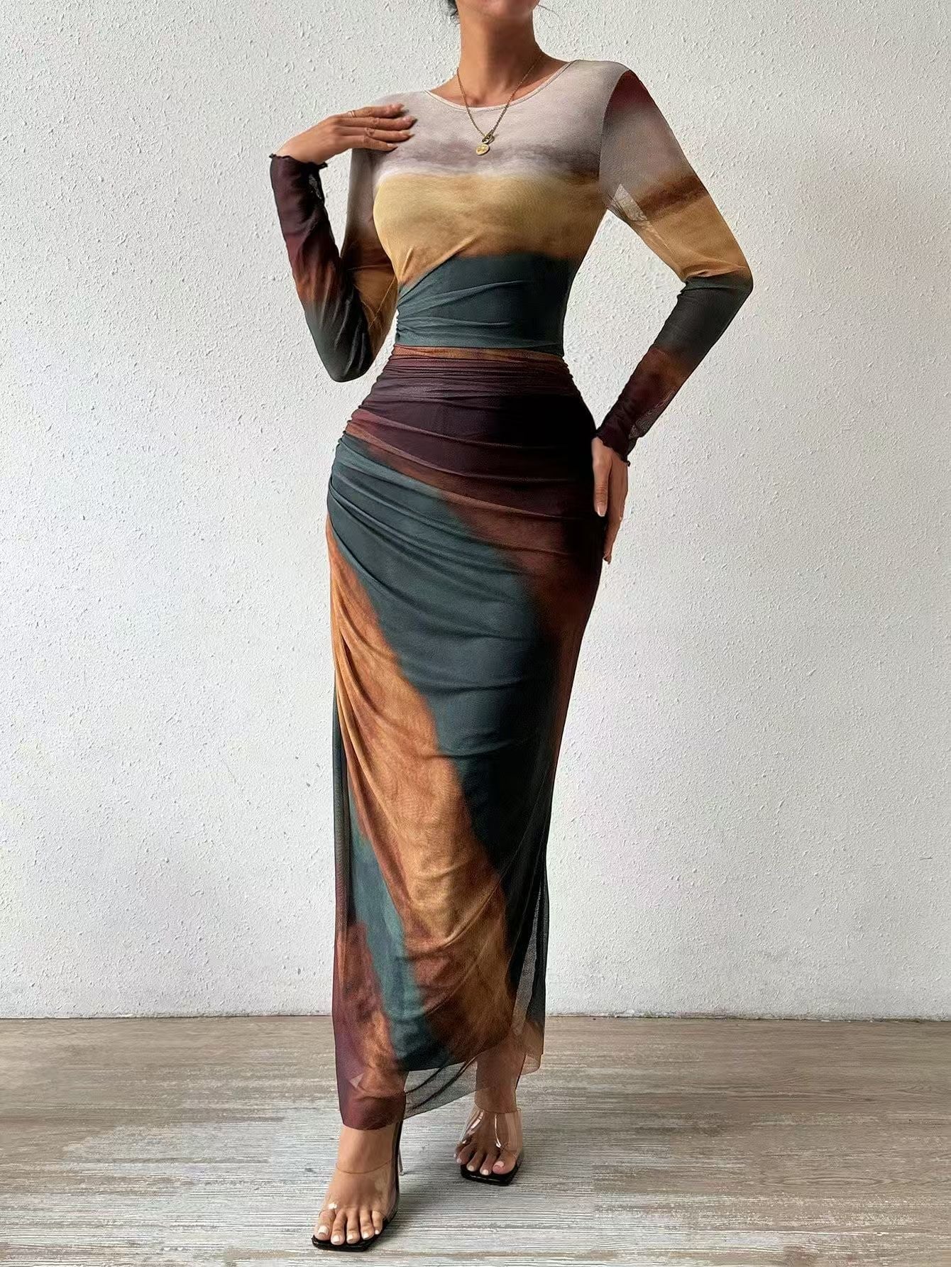 Tyronia – Printed Long Sleeve Bodycon Maxi Dress