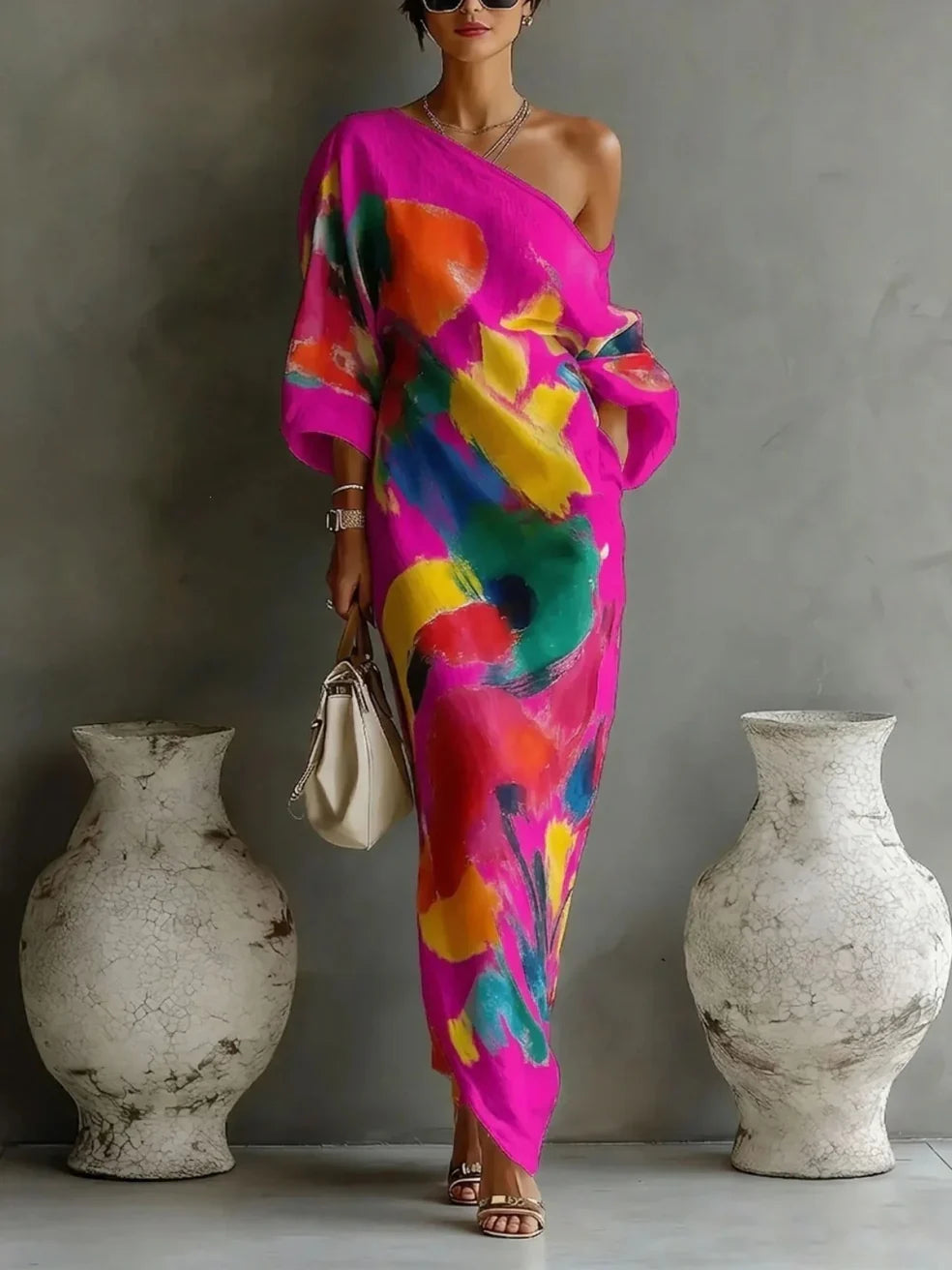 Jinella - One-Shoulder Abstract Print Maxi Dress