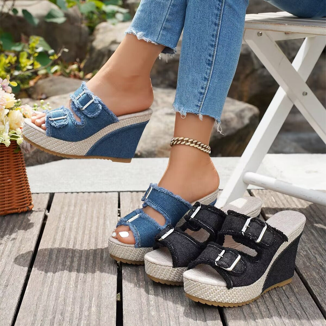 Zoya - Fray Edge Wedge Sandals With Modern Comfort Lift