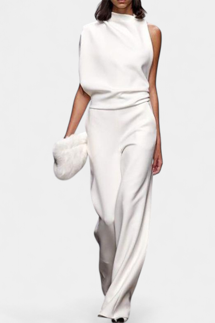 Asymmetrical One-Shoulder Jumpsuit with Flowing Legs by Etta