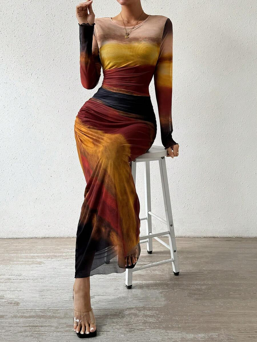 Tyronia – Printed Long Sleeve Bodycon Maxi Dress