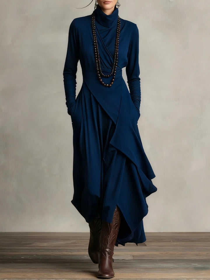 Carrie – Asymmetrical Knit Maxi Dress with Turtleneck