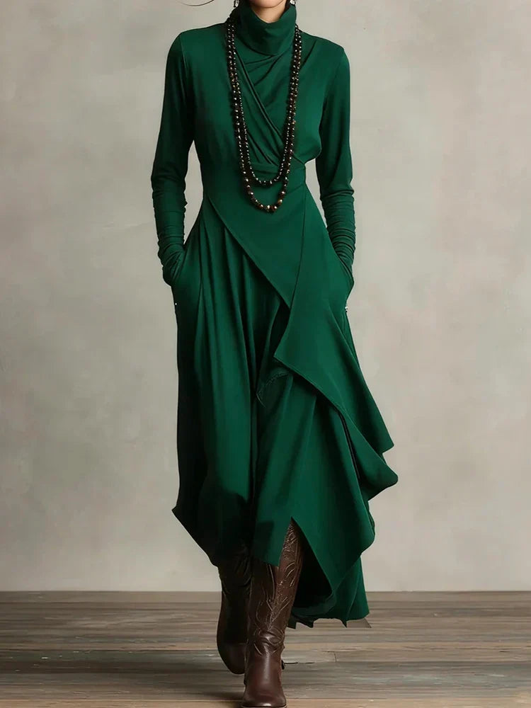 Carrie – Asymmetrical Knit Maxi Dress with Turtleneck
