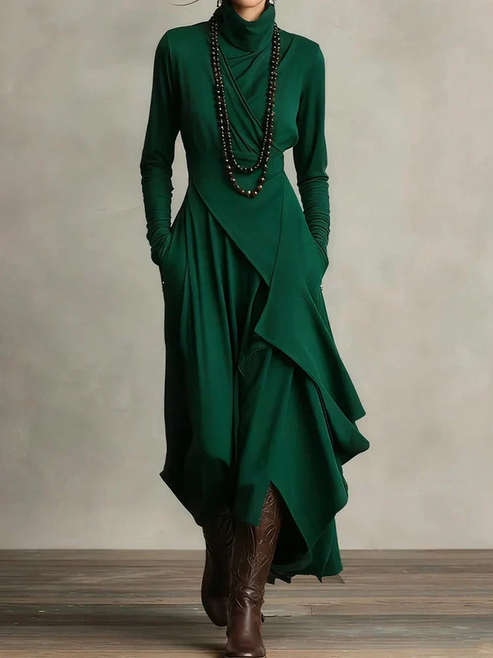 Carrie – Asymmetrical Knit Maxi Dress with Turtleneck